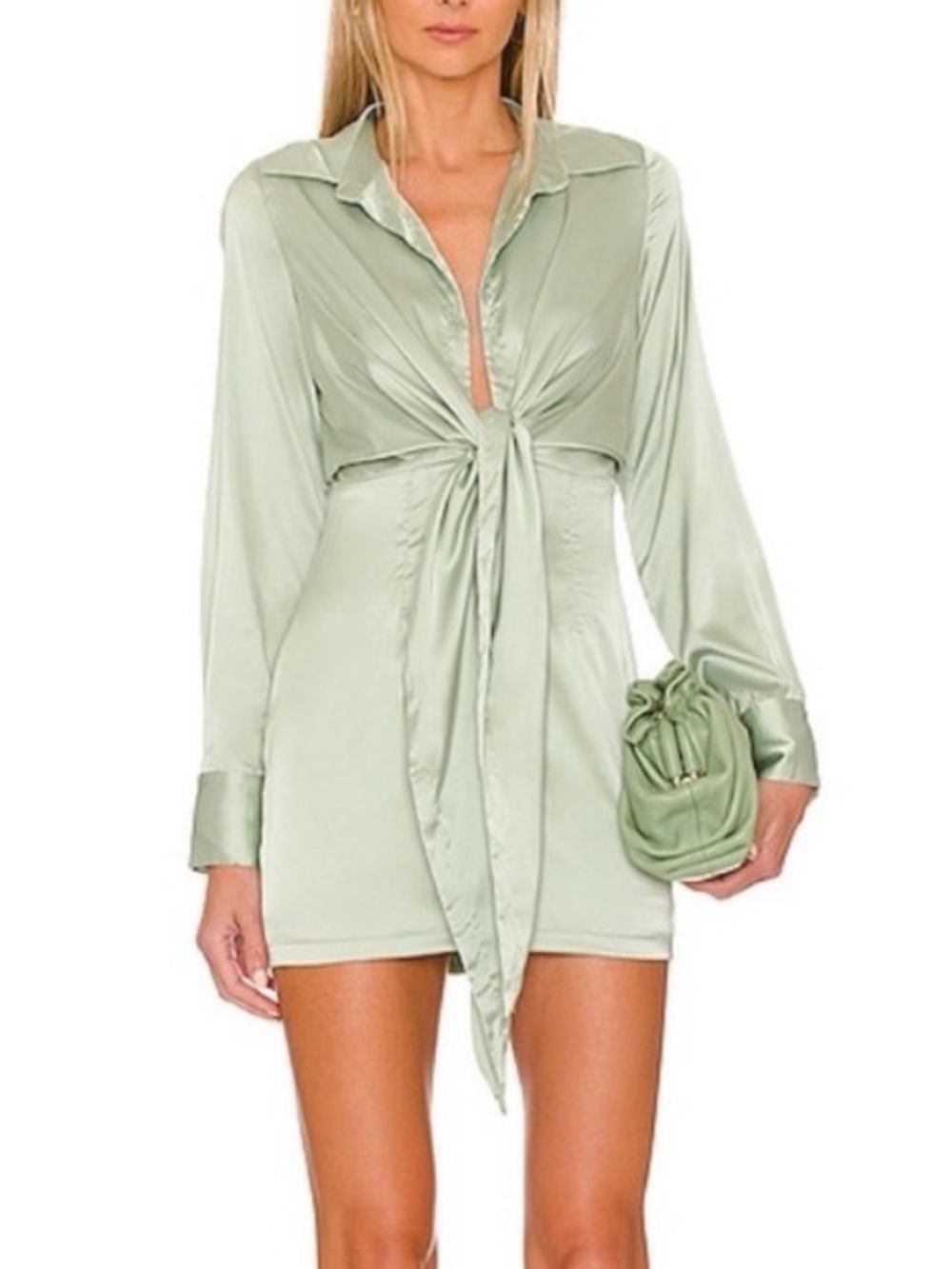 More To Come Silk Sage Light Green Mini Dress with satin tie detail XXS